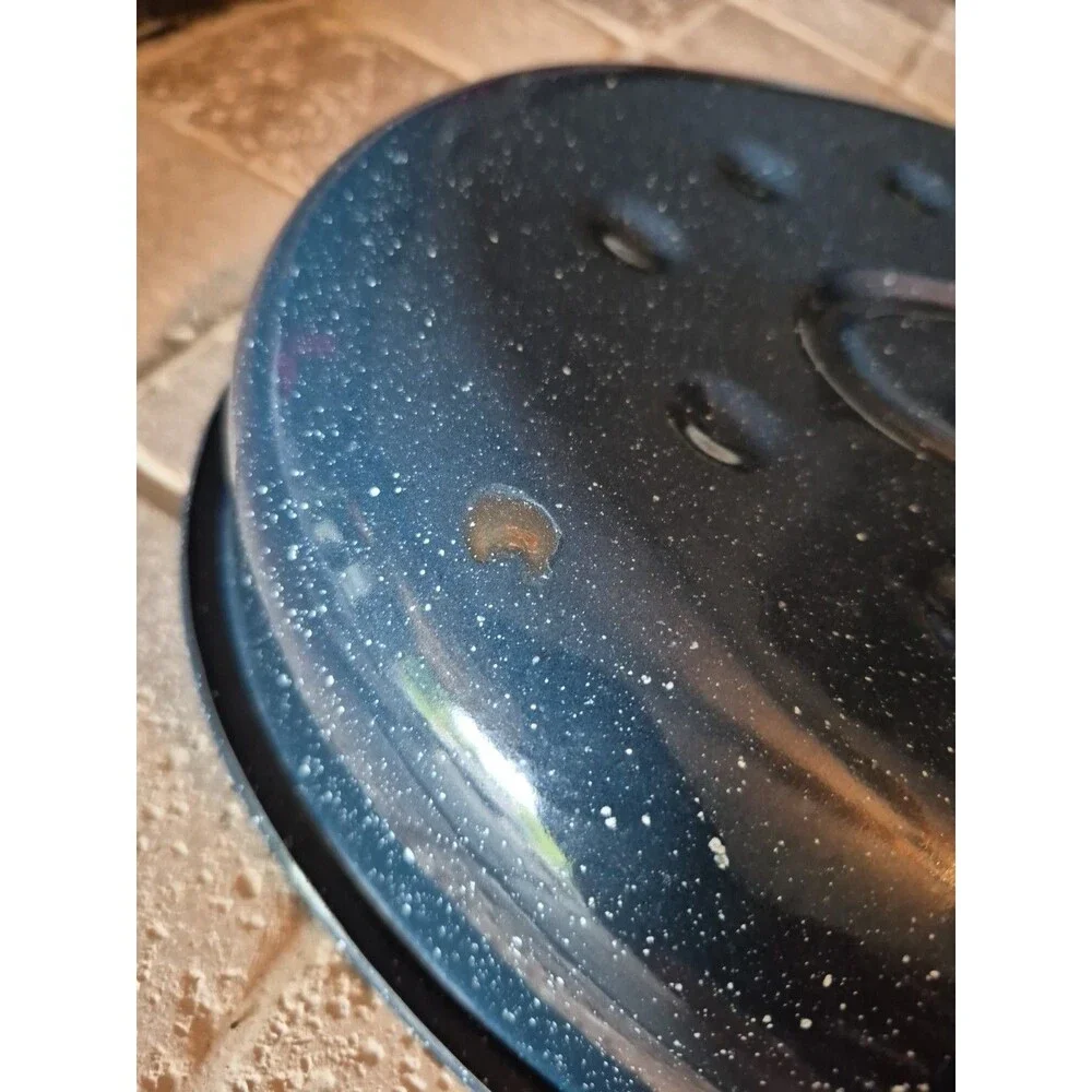 Vintage Blue & White Speckled Enamelware Replacement Roaster Lid Oval Baking